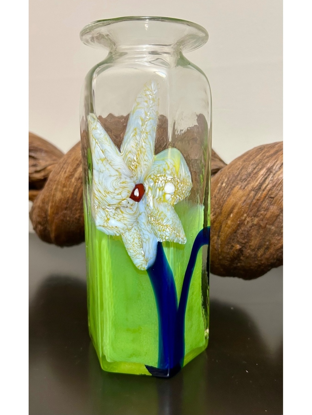 Vintage Style Hand Blown Art Glass Vas Green Blue White Flower 9”